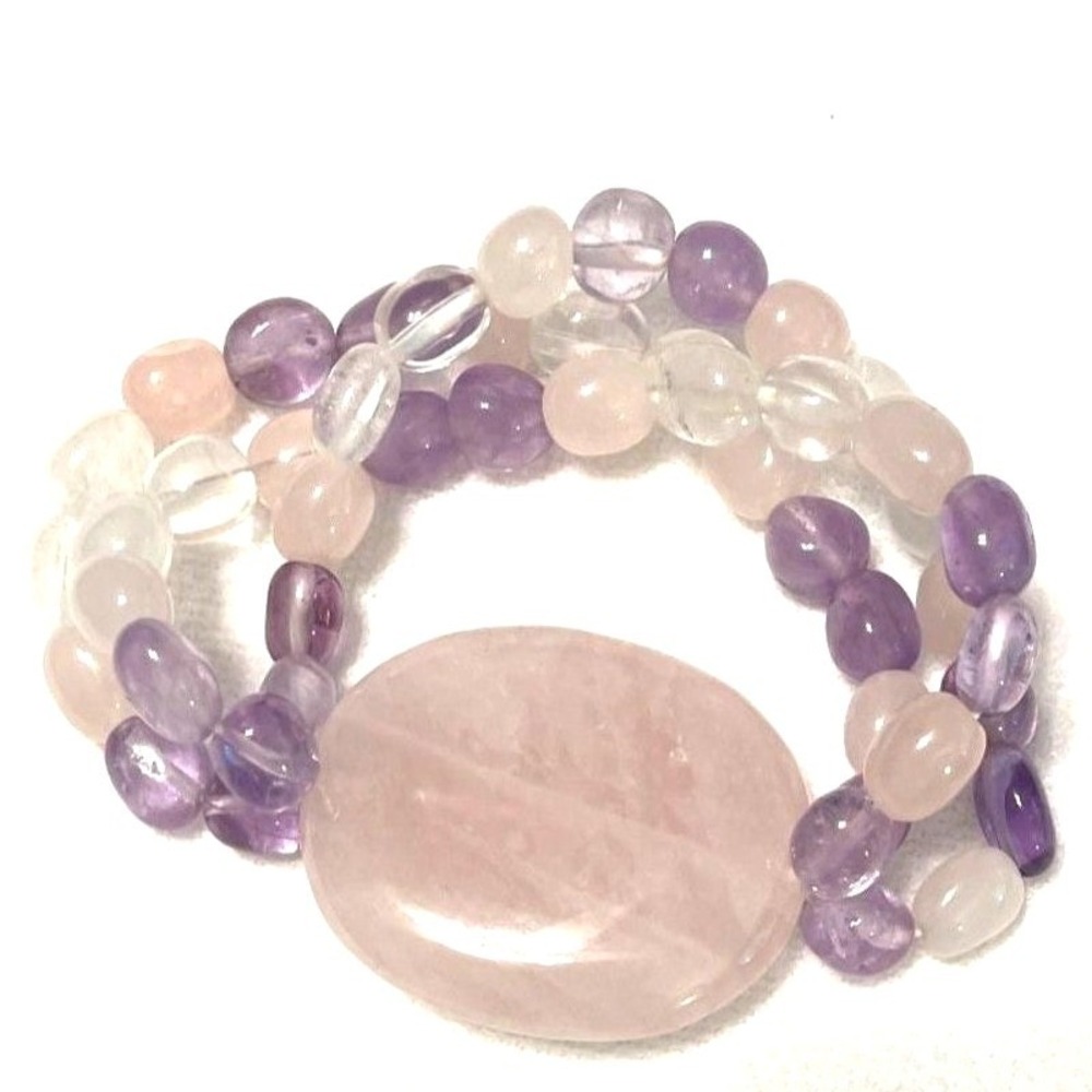 Semi Precious Stone Bracelet Pale Pink to Lavender 3 Strand Beaded Stretch